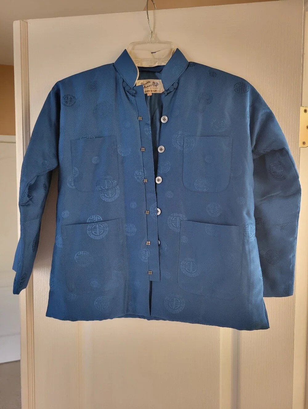 Vtg Double Horse Kids Pure Silk Blue Chinese Mandarin Jacket Medallion Size 23